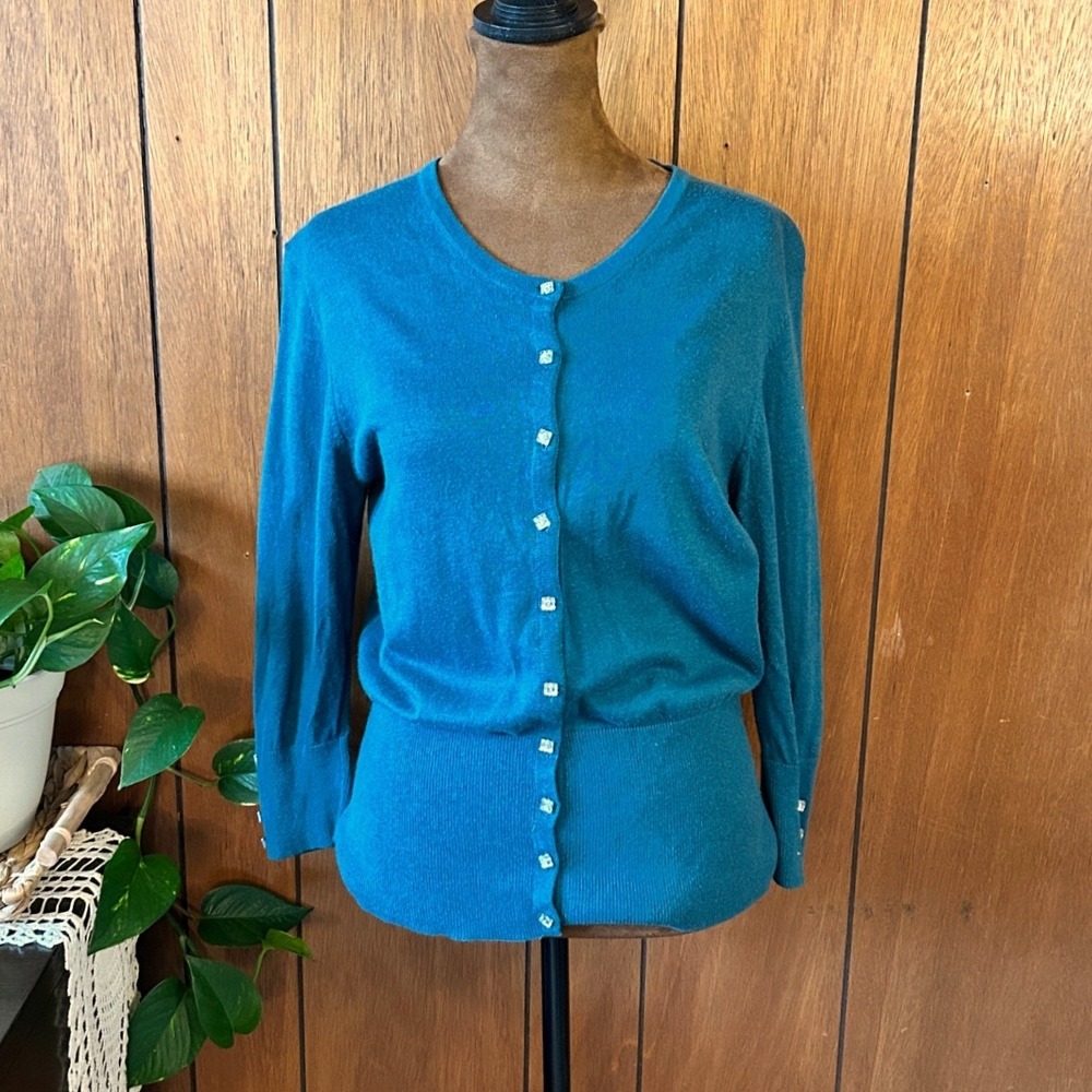 Peck & Peck Teal Blue Rhinestone Button Cardigan Sweater Womens Large‎